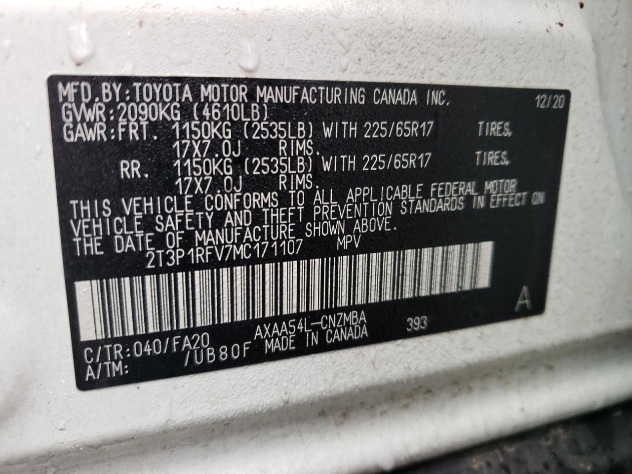 Photo 10 from auction – 2021 TOYOTA RAV4 XLE with VIN 2T3P1RFV7MC171107