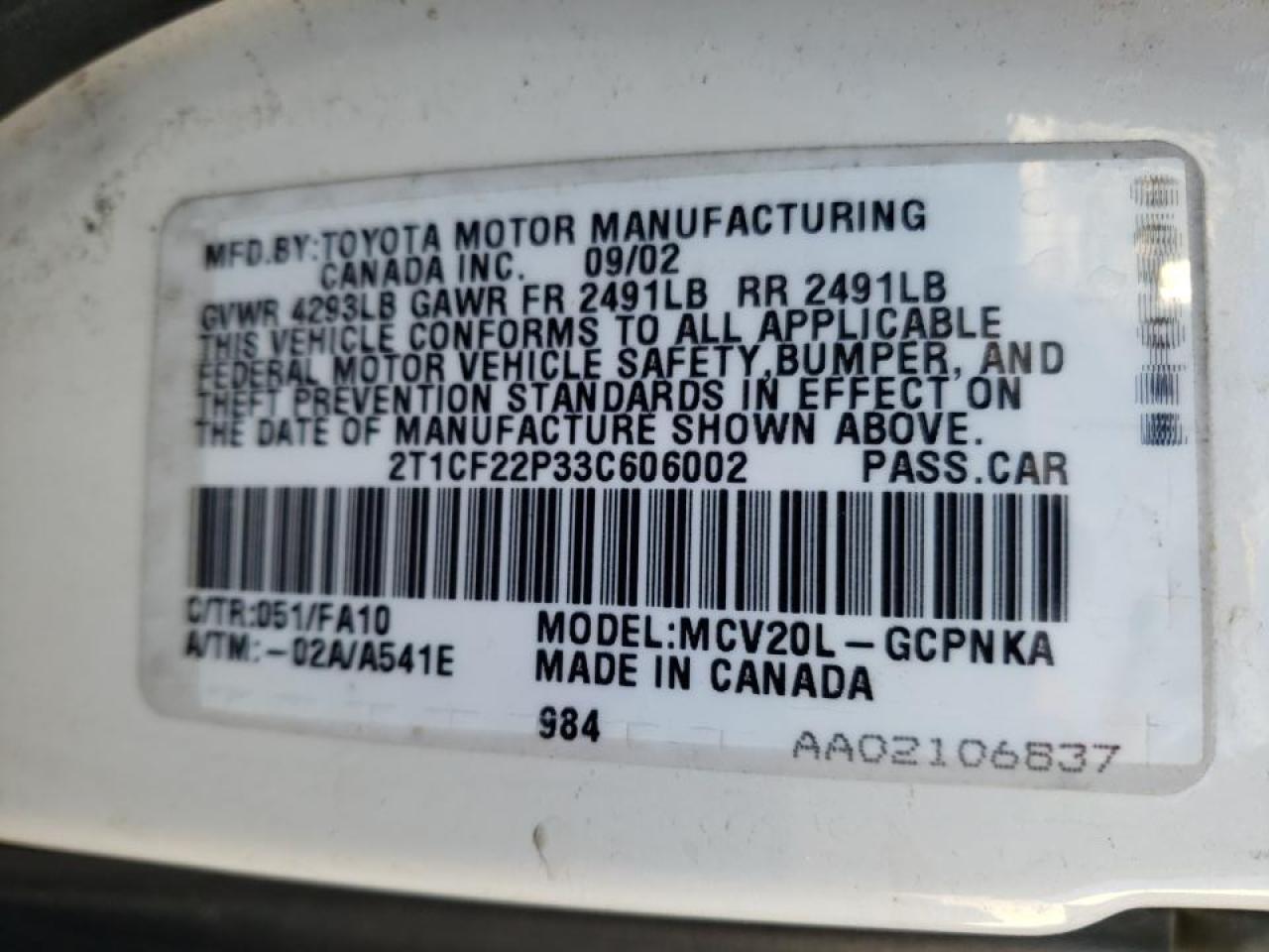 Photo 10 from auction – 2003 TOYOTA CAMRY SOLA with VIN 2T1CF22P33C606002