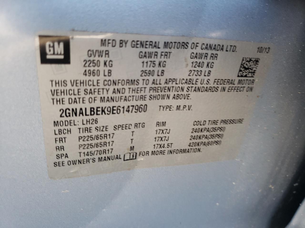 Photo 10 from auction – 2014 CHEVROLET EQUINOX LT with VIN 2GNALBEK9E6147960