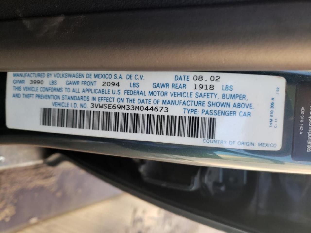 Photo 10 from auction – 2003 VOLKSWAGEN JETTA GLS with VIN 3VWSE69M33M044673