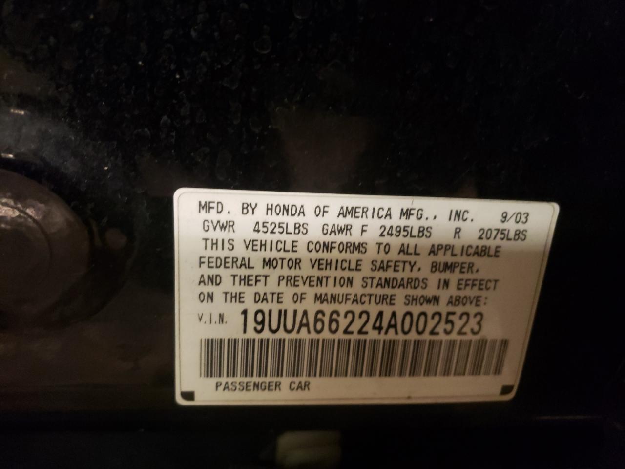 Photo 10 from auction – 2004 ACURA TL with VIN 19UUA66224A002523