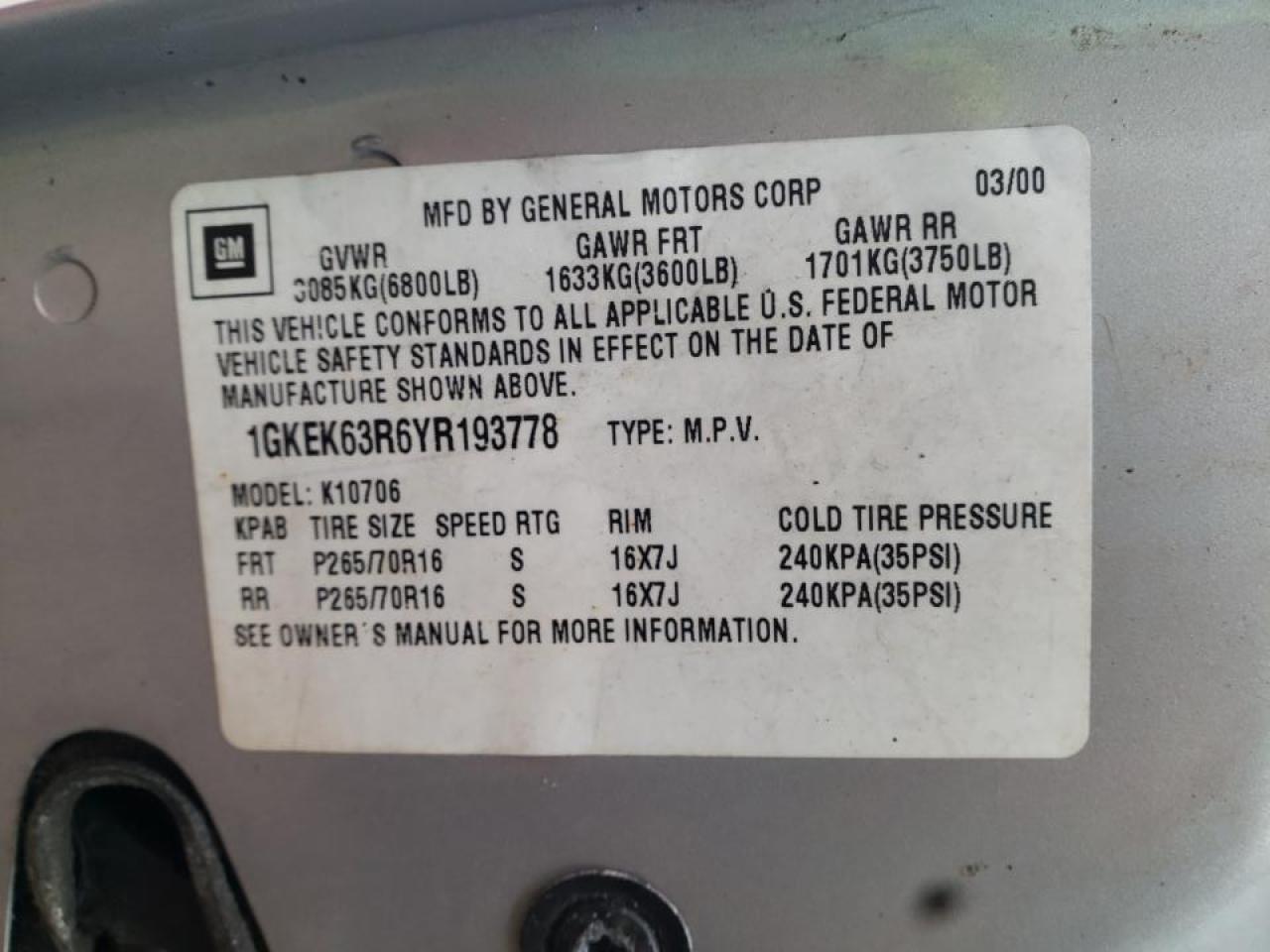 Photo 10 from auction – 2000 GMC DENALI with VIN 1GKEK63R6YR193778