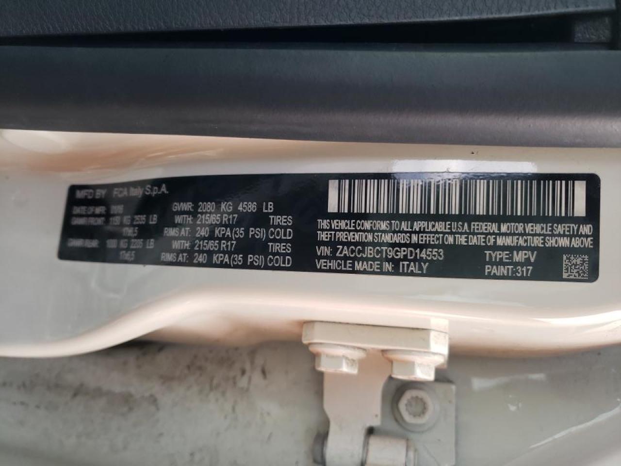 Photo 10 from auction – 2016 JEEP RENEGADE T with VIN ZACCJBCT9GPD14553