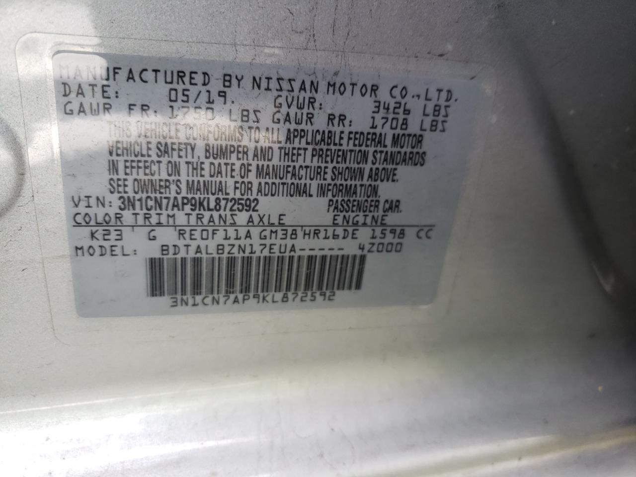 Photo 10 from auction – 2019 NISSAN VERSA S with VIN 3N1CN7AP9KL872592
