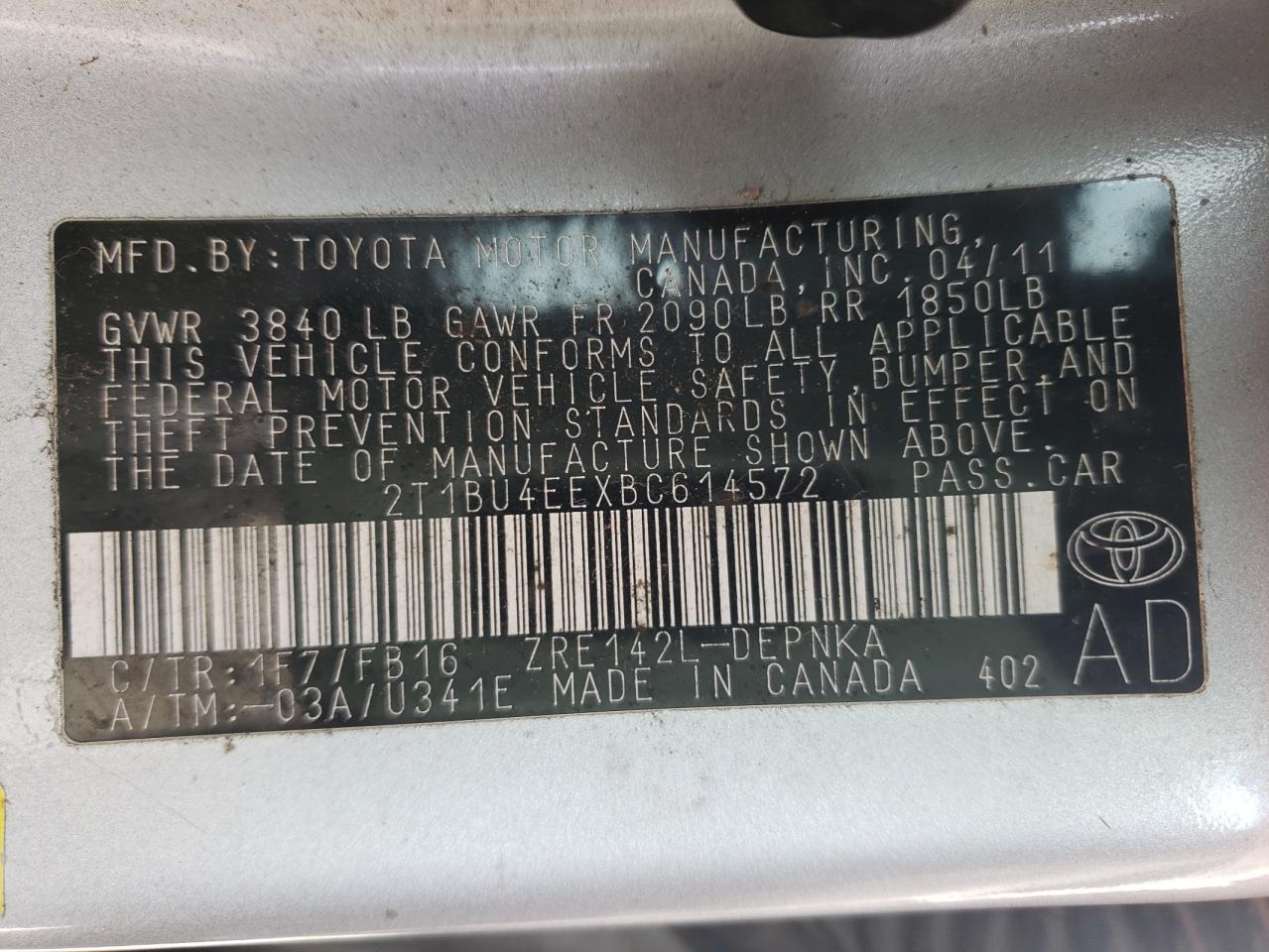 Photo 10 from auction – 2011 TOYOTA COROLLA BA with VIN 2T1BU4EEXBC614572