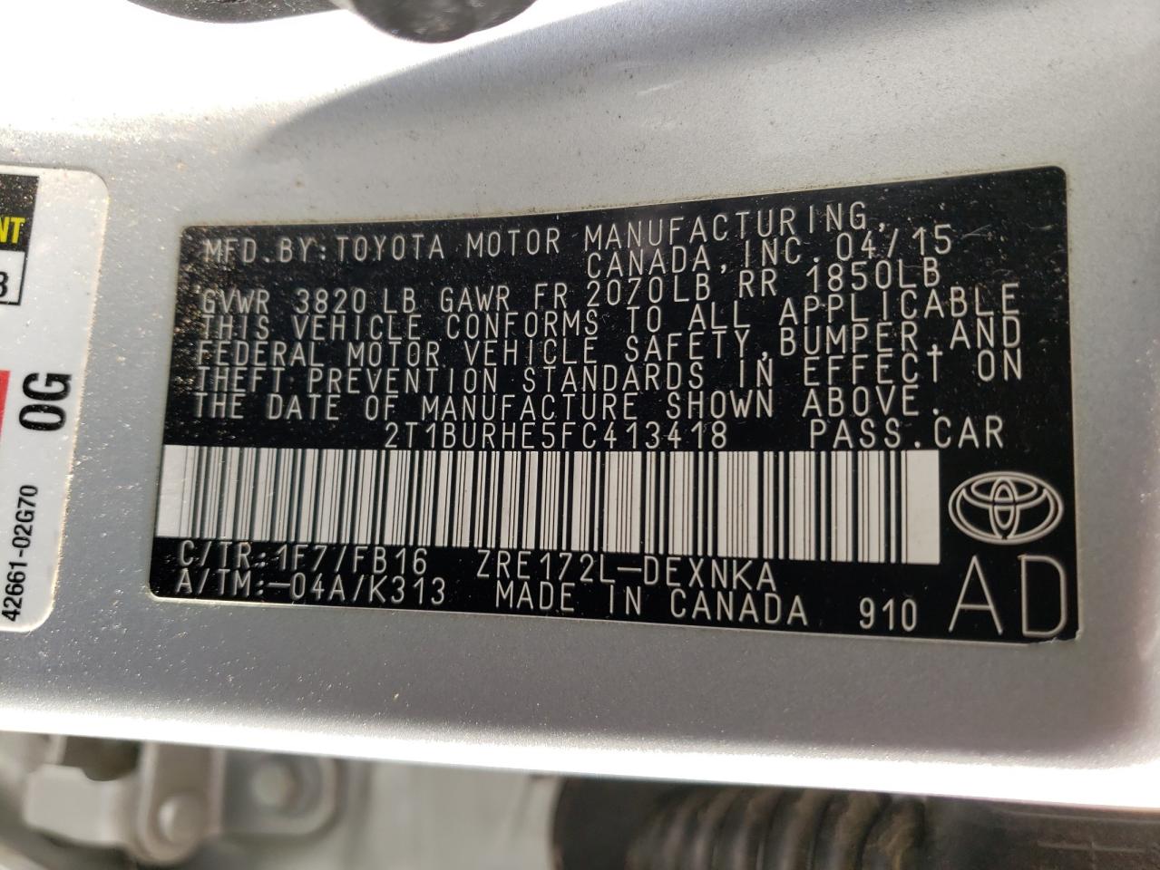 Photo 10 from auction – 2015 TOYOTA COROLLA L with VIN 2T1BURHE5FC413418