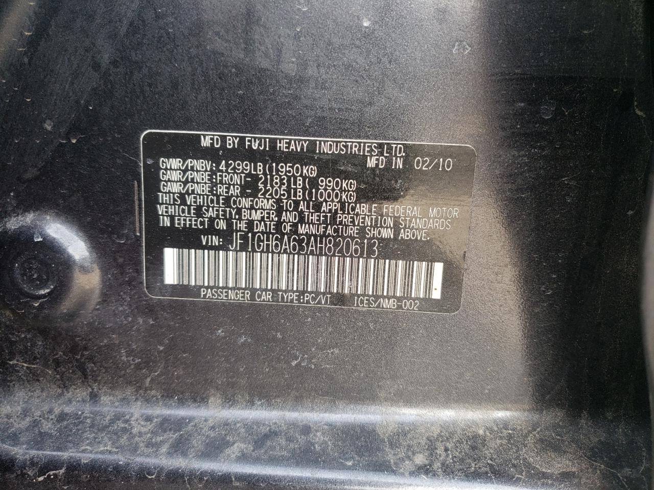 Photo 10 from auction – 2010 SUBARU IMPREZA 2. with VIN JF1GH6A63AH820613