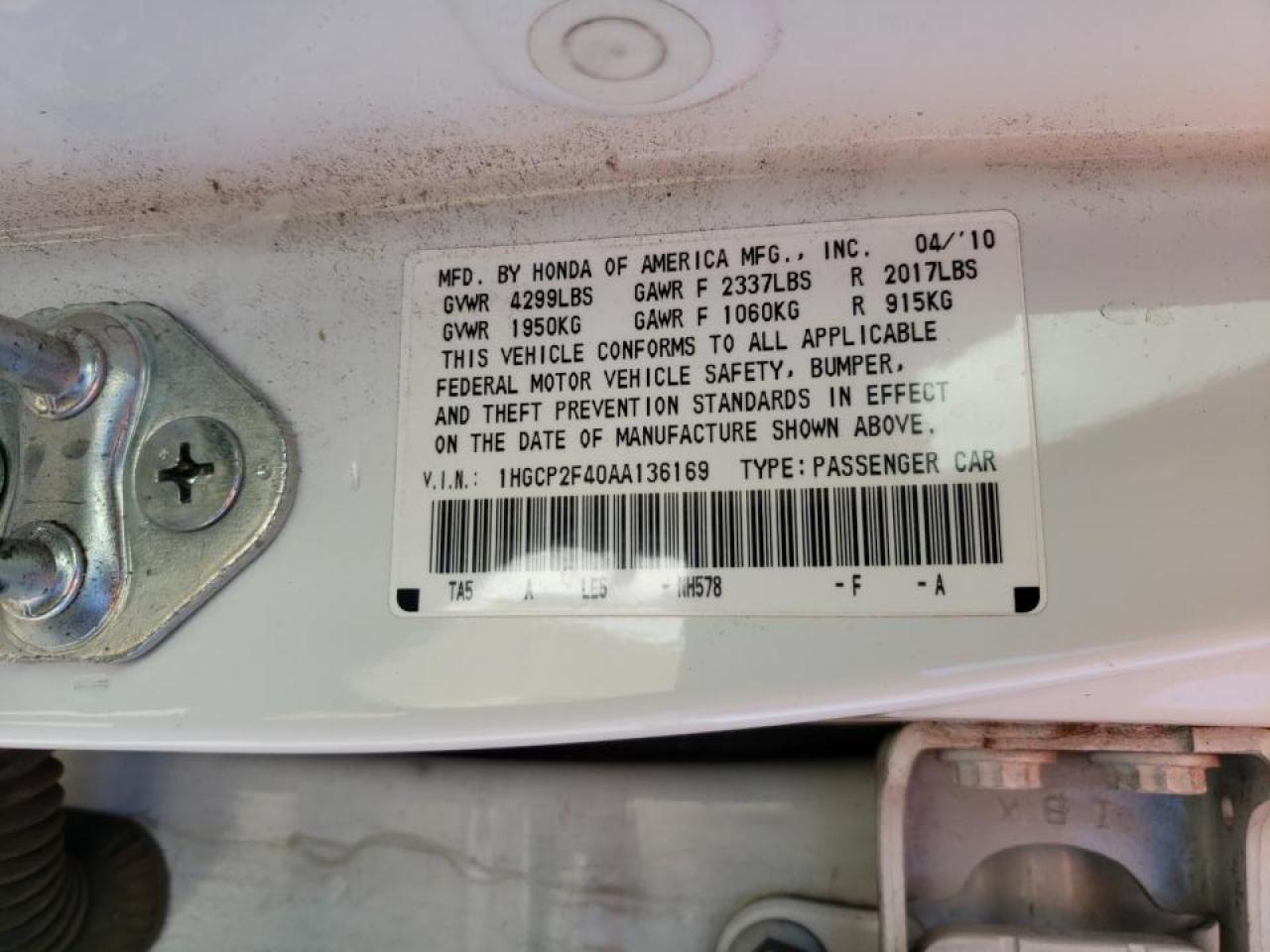 Photo 10 from auction – 2010 HONDA ACCORD LXP with VIN 1HGCP2F40AA136169