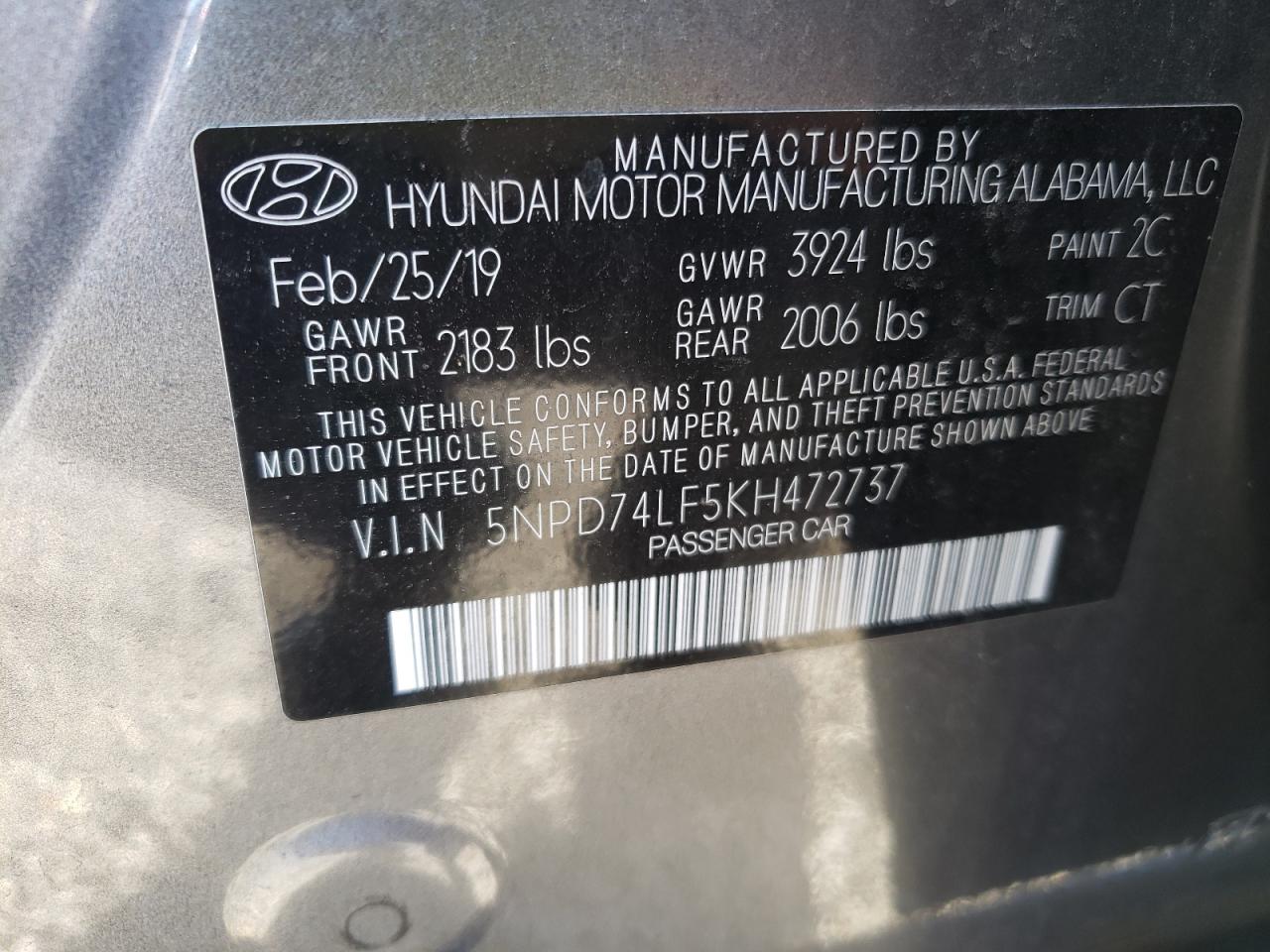 Photo 10 from auction – 2019 HYUNDAI ELANTRA with VIN 5NPD74LF5KH472737