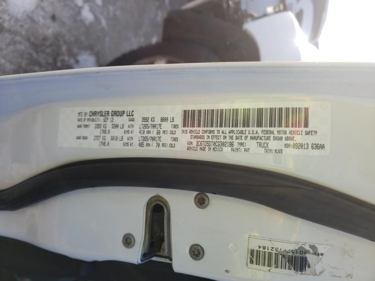 Photo 10 from auction – 2012 DODGE RAM 2500 S with VIN 3C6TD5DT0CG302186