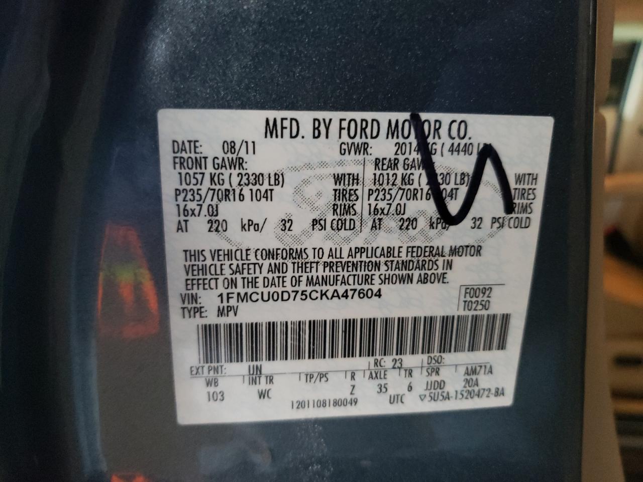 Photo 10 from auction – 2012 FORD ESCAPE XLT with VIN 1FMCU0D75CKA47604