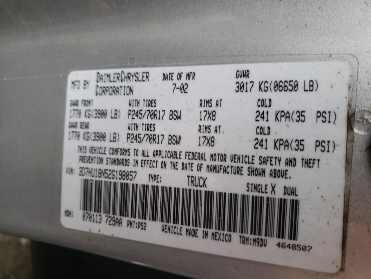 Photo 10 from auction – 2002 DODGE RAM 1500 with VIN 3D7HU18N52G198057