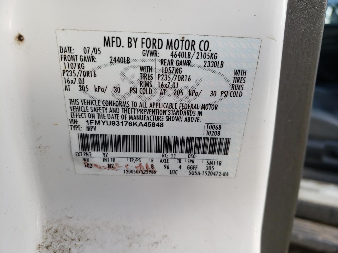 Photo 10 from auction – 2006 FORD ESCAPE with VIN 1FMYU93176KA45848