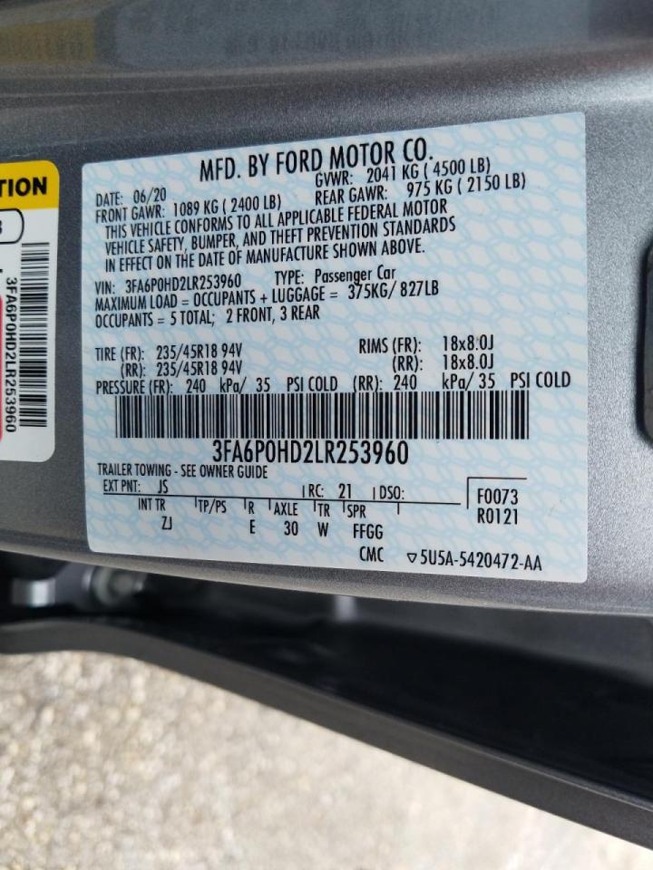 Photo 10 from auction – 2020 FORD FUSION SE with VIN 3FA6P0HD2LR253960