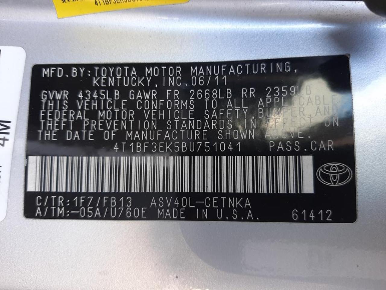 Photo 10 from auction – 2011 TOYOTA CAMRY BASE with VIN 4T1BF3EK5BU751041
