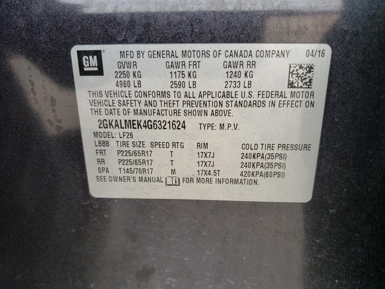 Photo 10 from auction – 2016 GMC TERRAIN SL with VIN 2GKALMEK4G6321624