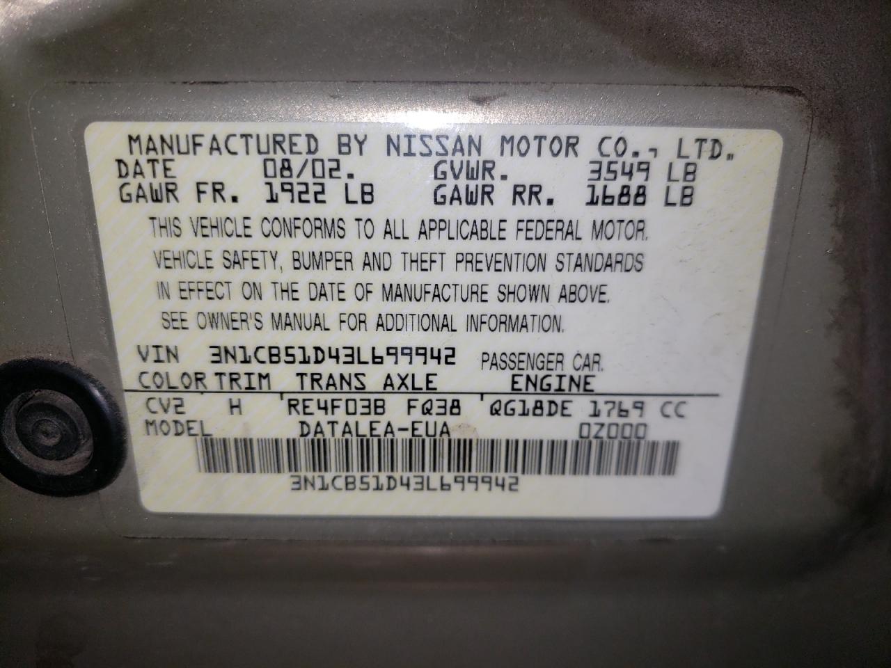 Photo 10 from auction – 2003 NISSAN SENTRA with VIN 3N1CB51D43L699942