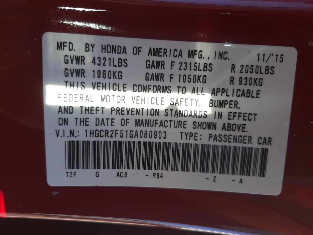 Photo 10 from auction – 2016 HONDA ACCORD SPO with VIN 1HGCR2F51GA080903