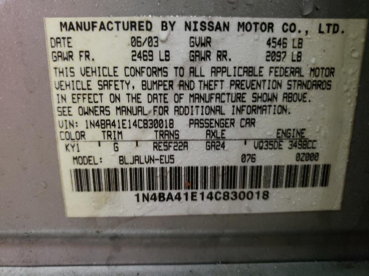 Photo 10 from auction – 2004 NISSAN MAXIMA SE with VIN 1N4BA41E14C830018