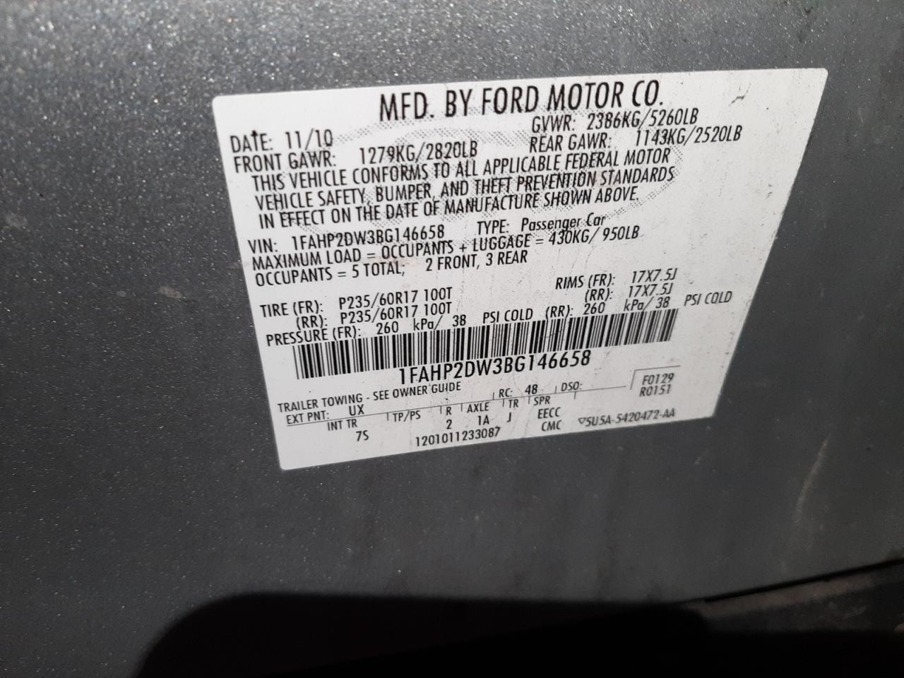 Photo 10 from auction – 2011 FORD TAURUS SE with VIN 1FAHP2DW3BG146658