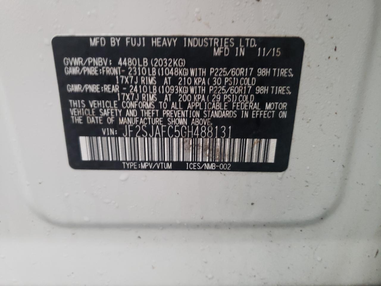 Photo 10 from auction – 2016 SUBARU FORESTER 2 with VIN JF2SJAFC5GH488131