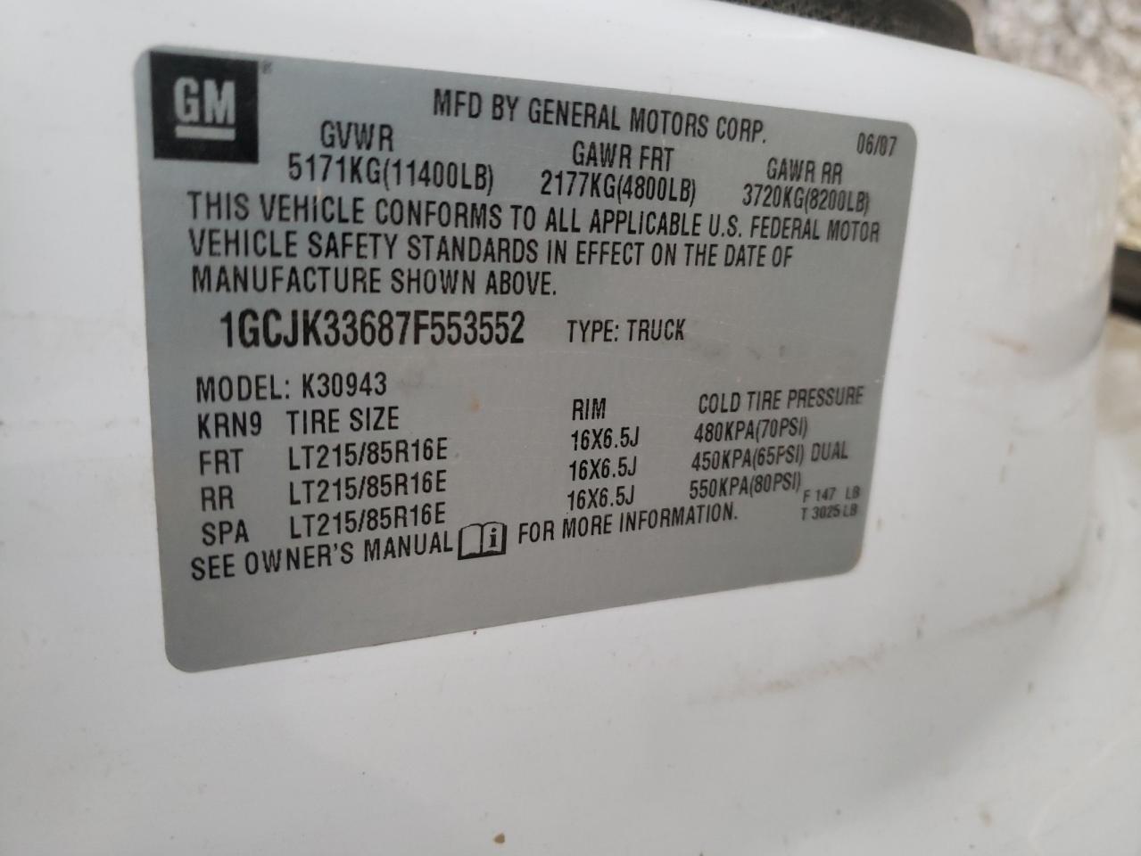 Photo 10 from auction – 2007 CHEVROLET SILVERADO with VIN 1GCJK33687F553552