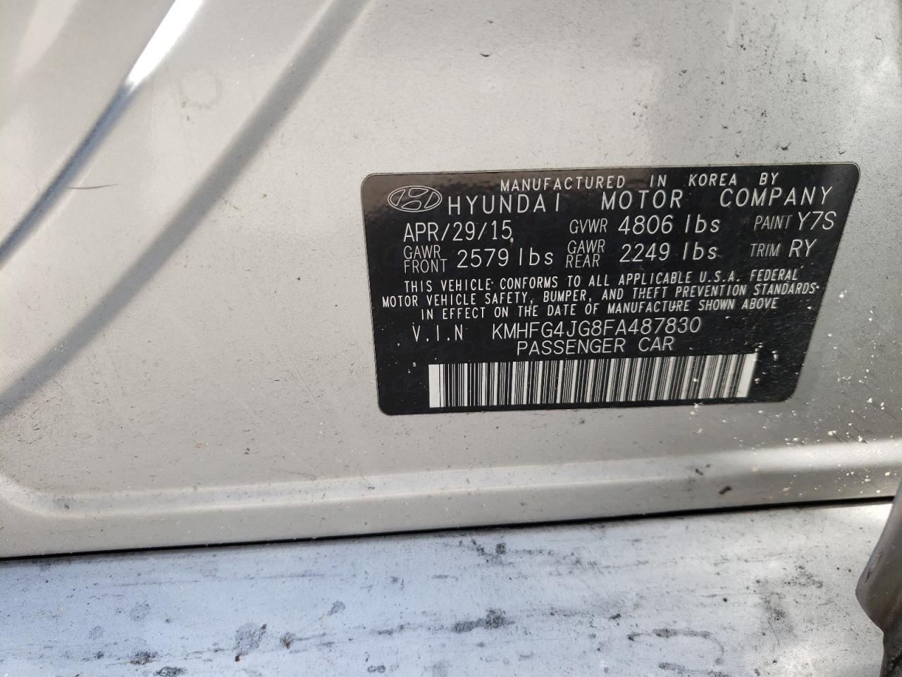 Photo 10 from auction – 2015 HYUNDAI AZERA with VIN KMHFG4JG8FA487830