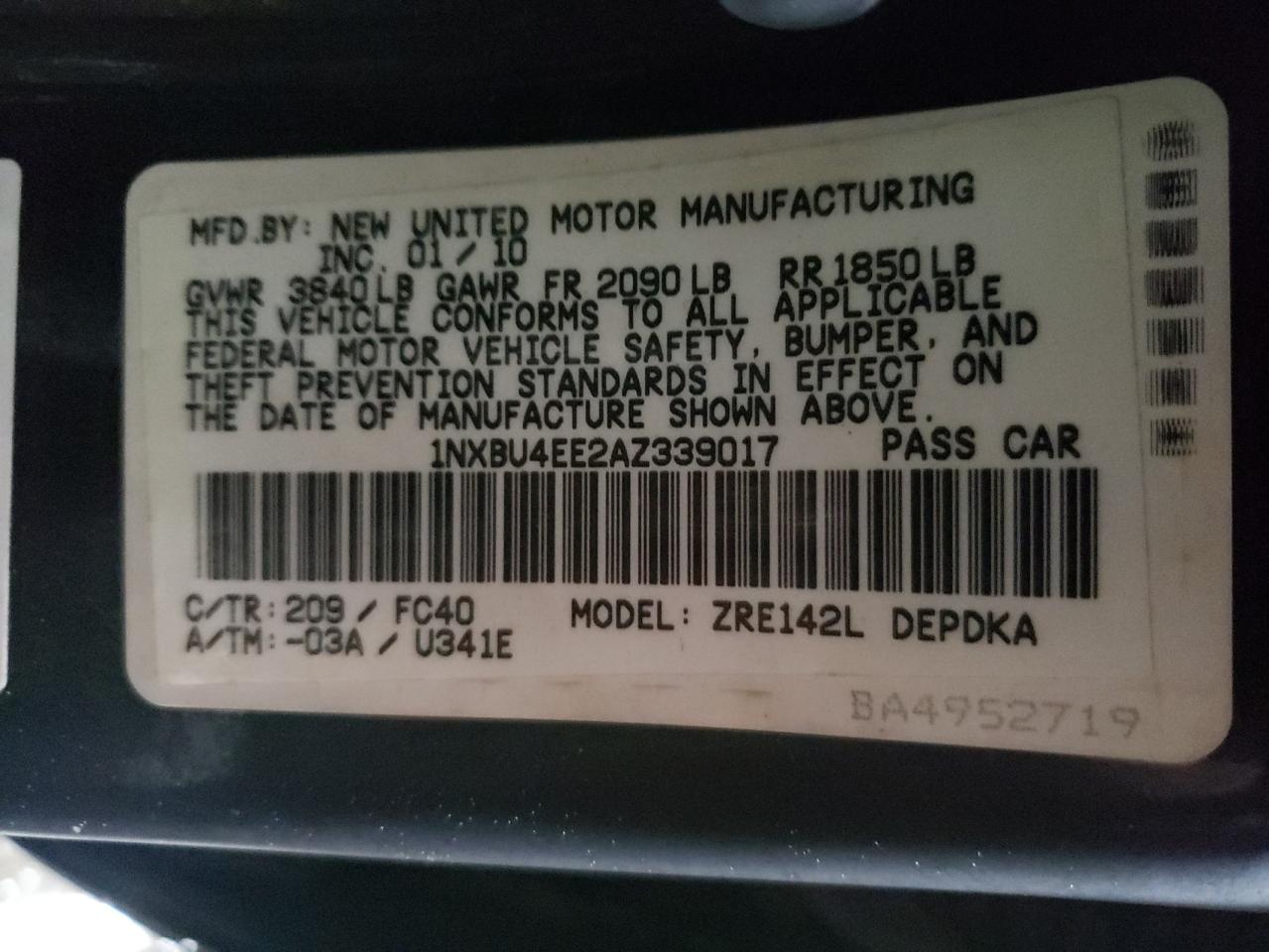 Photo 10 from auction – 2010 TOYOTA COROLLA BA with VIN 1NXBU4EE2AZ339017