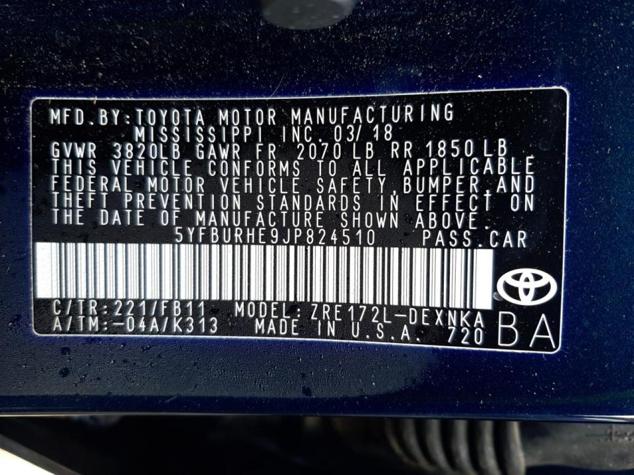 Photo 10 from auction – 2018 TOYOTA COROLLA L with VIN 5YFBURHE9JP824510