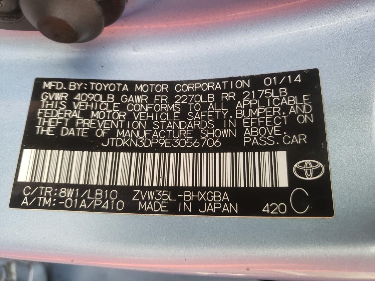 Photo 10 from auction – 2014 TOYOTA PRIUS PLUG with VIN JTDKN3DP9E3056706