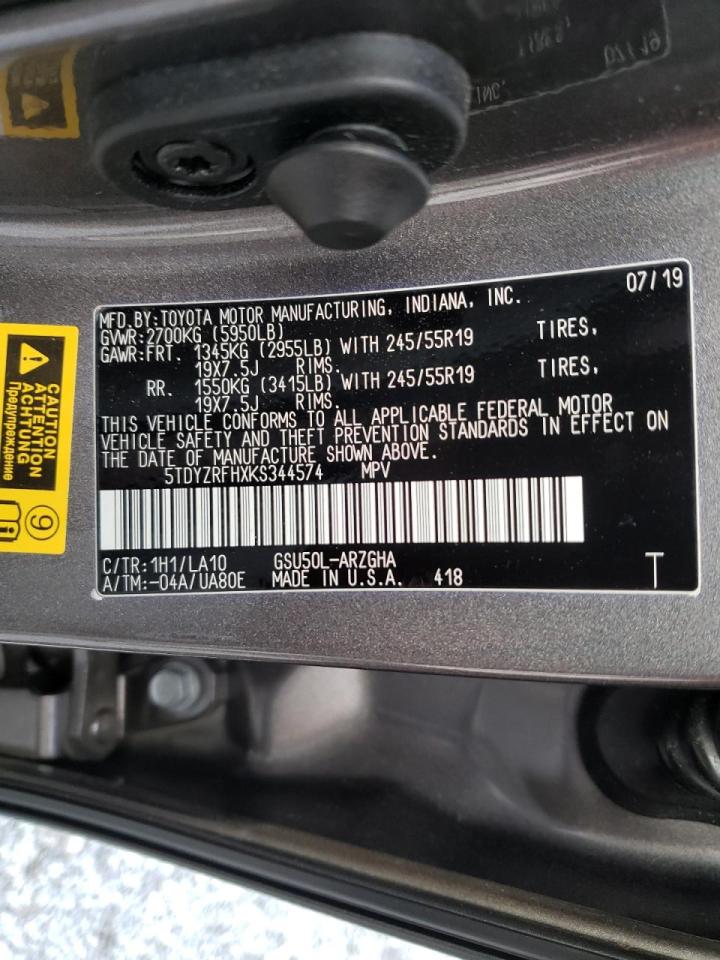 Photo 10 from auction – 2019 TOYOTA HIGHLANDER with VIN 5TDYZRFHXKS344574