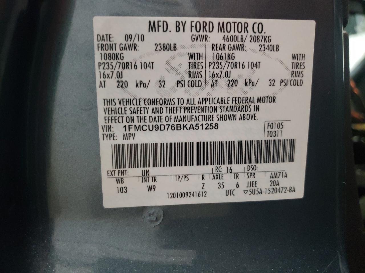 Photo 10 from auction – 2011 FORD ESCAPE XLT with VIN 1FMCU9D76BKA51258