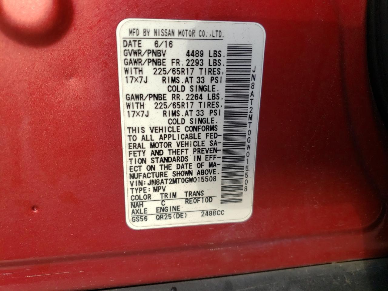 Photo 10 from auction – 2016 NISSAN ROGUE S with VIN JN8AT2MT0GW015508
