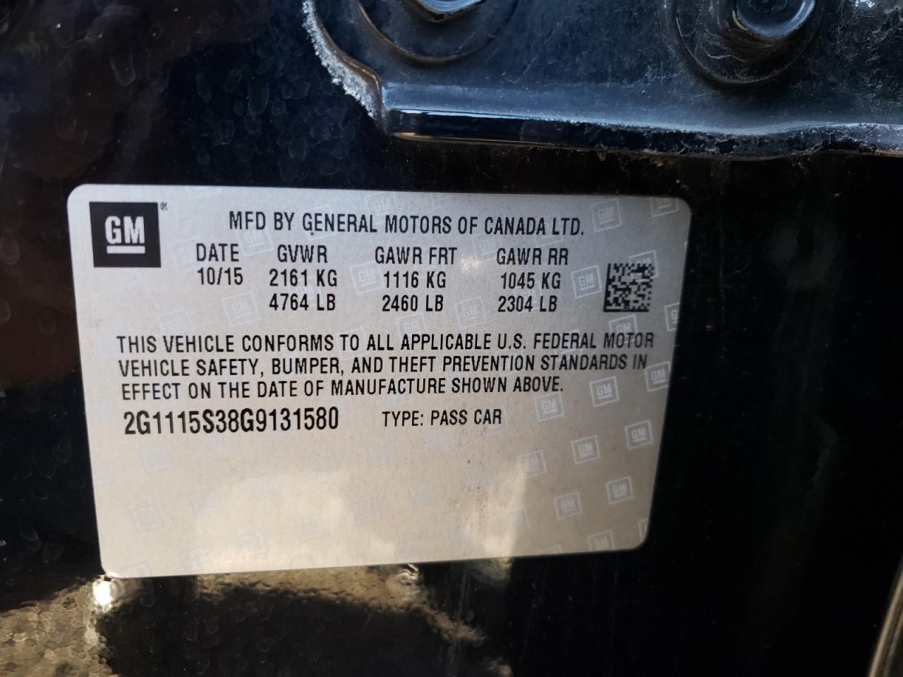 Photo 10 from auction – 2016 CHEVROLET IMPALA LT with VIN 2G1115S38G9131580