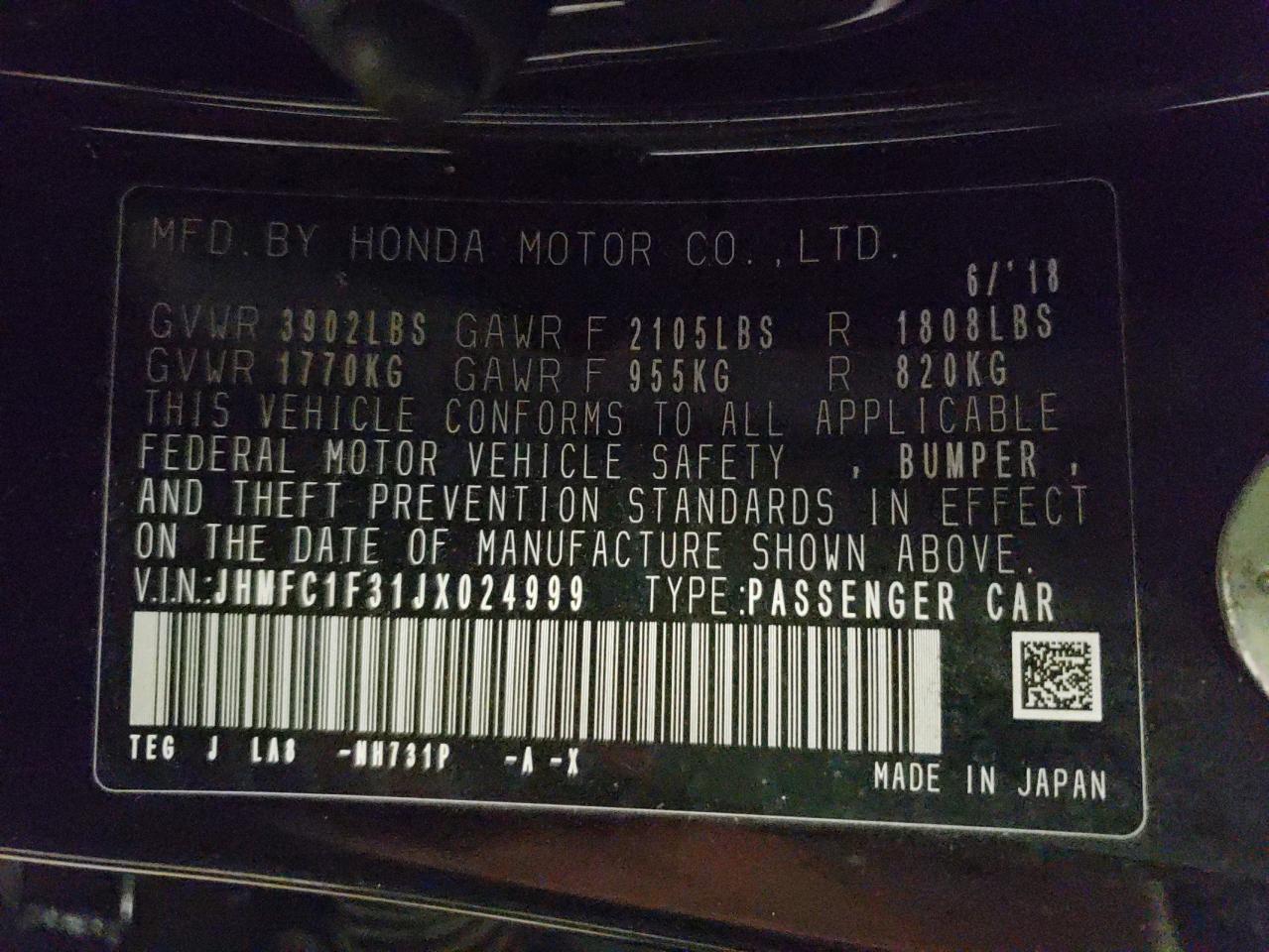 Photo 10 from auction – 2018 HONDA CIVIC EX with VIN JHMFC1F31JX024999