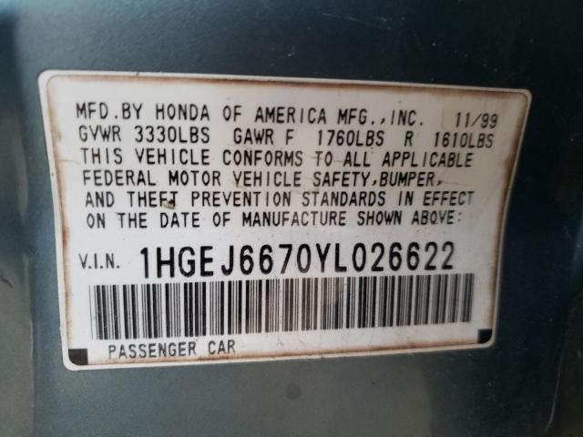 Photo 10 from auction – 2000 HONDA CIVIC with VIN 1HGEJ6670YL026622