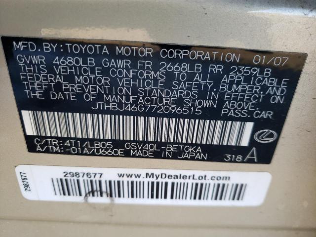 Photo 10 from auction – 2007 LEXUS ES 350 with VIN JTHBJ46G772096515