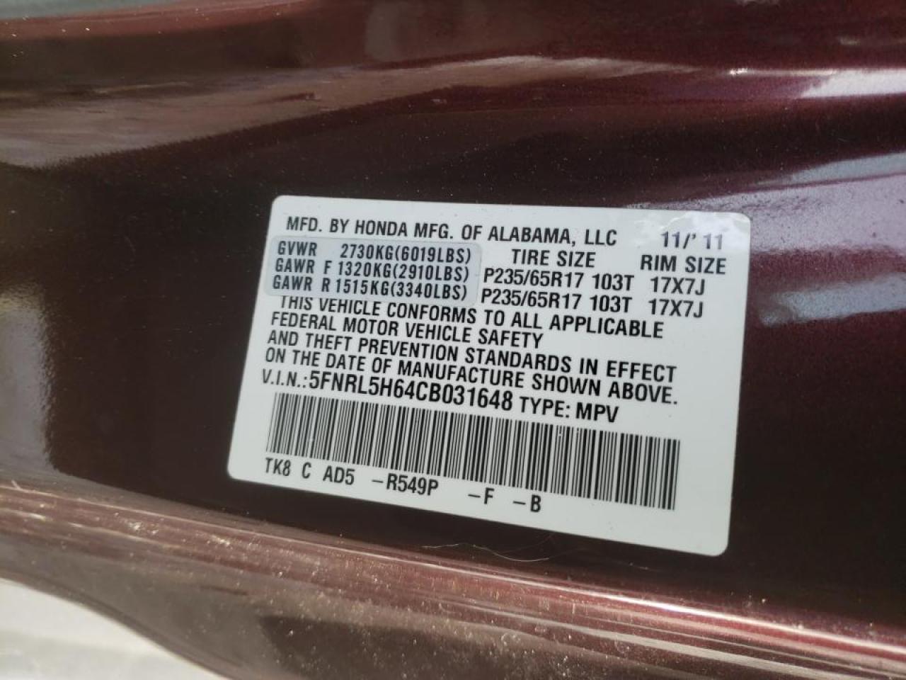 Photo 10 from auction – 2012 HONDA ODYSSEY EX with VIN 5FNRL5H64CB031648