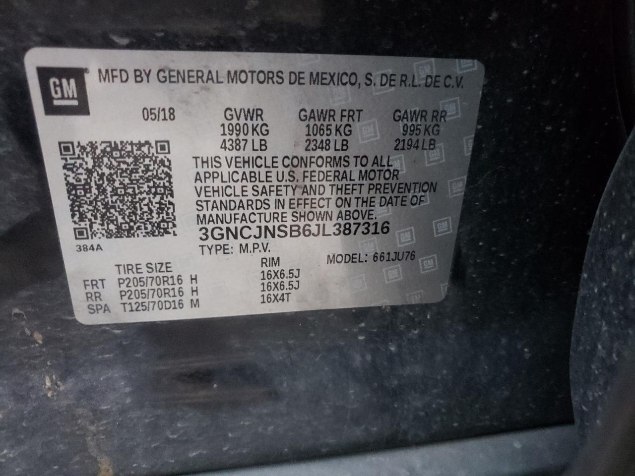 Photo 10 from auction – 2018 CHEVROLET TRAX LS with VIN 3GNCJNSB6JL387316