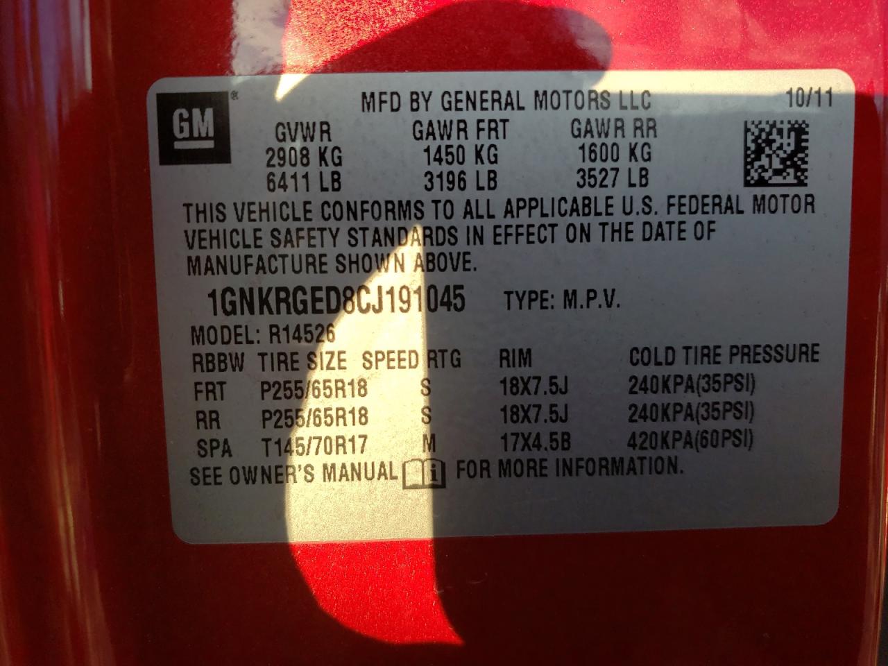 Photo 10 from auction – 2012 CHEVROLET TRAVERSE L with VIN 1GNKRGED8CJ191045