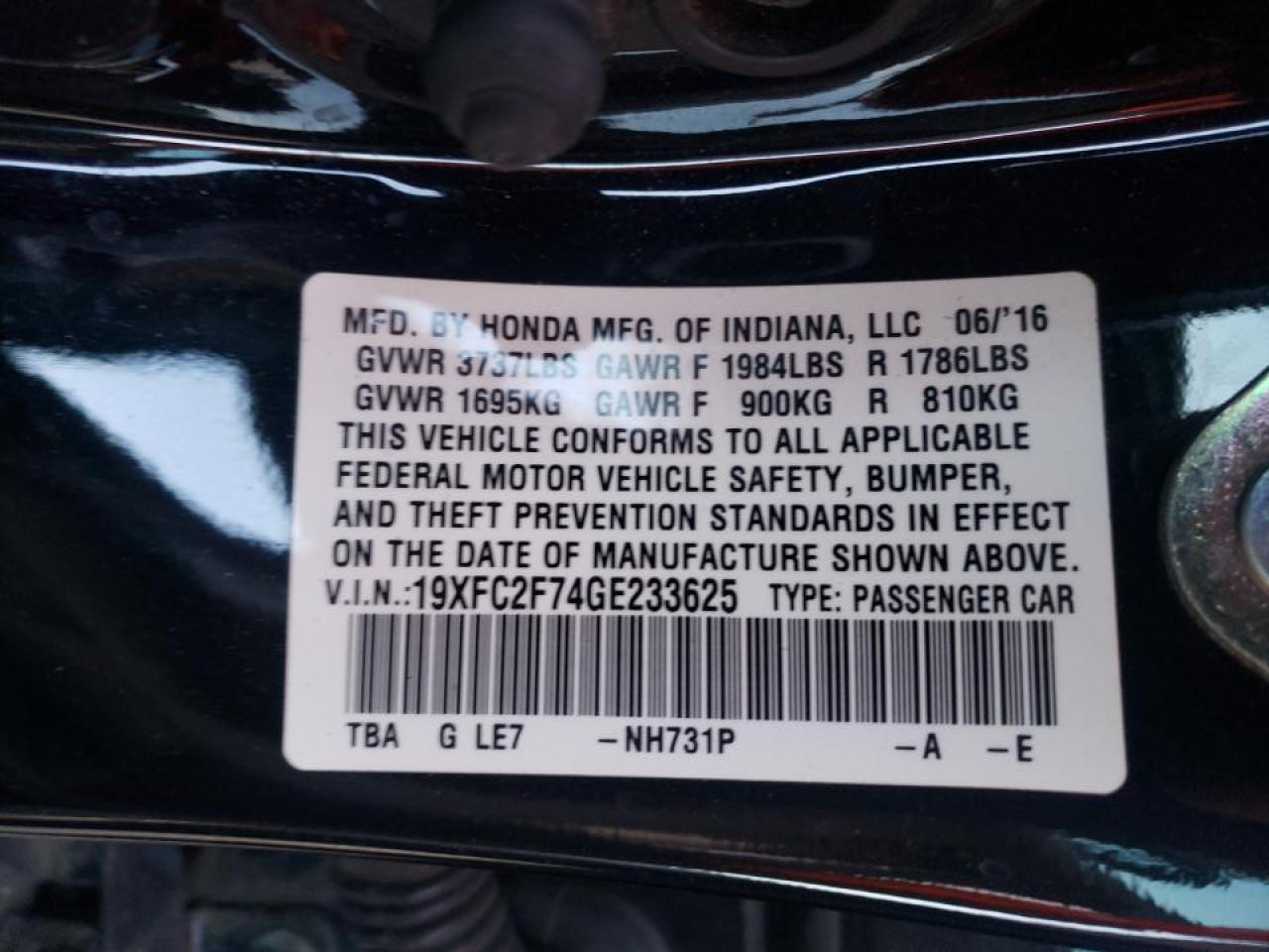 Photo 10 from auction – 2016 HONDA CIVIC EX with VIN 19XFC2F74GE233625