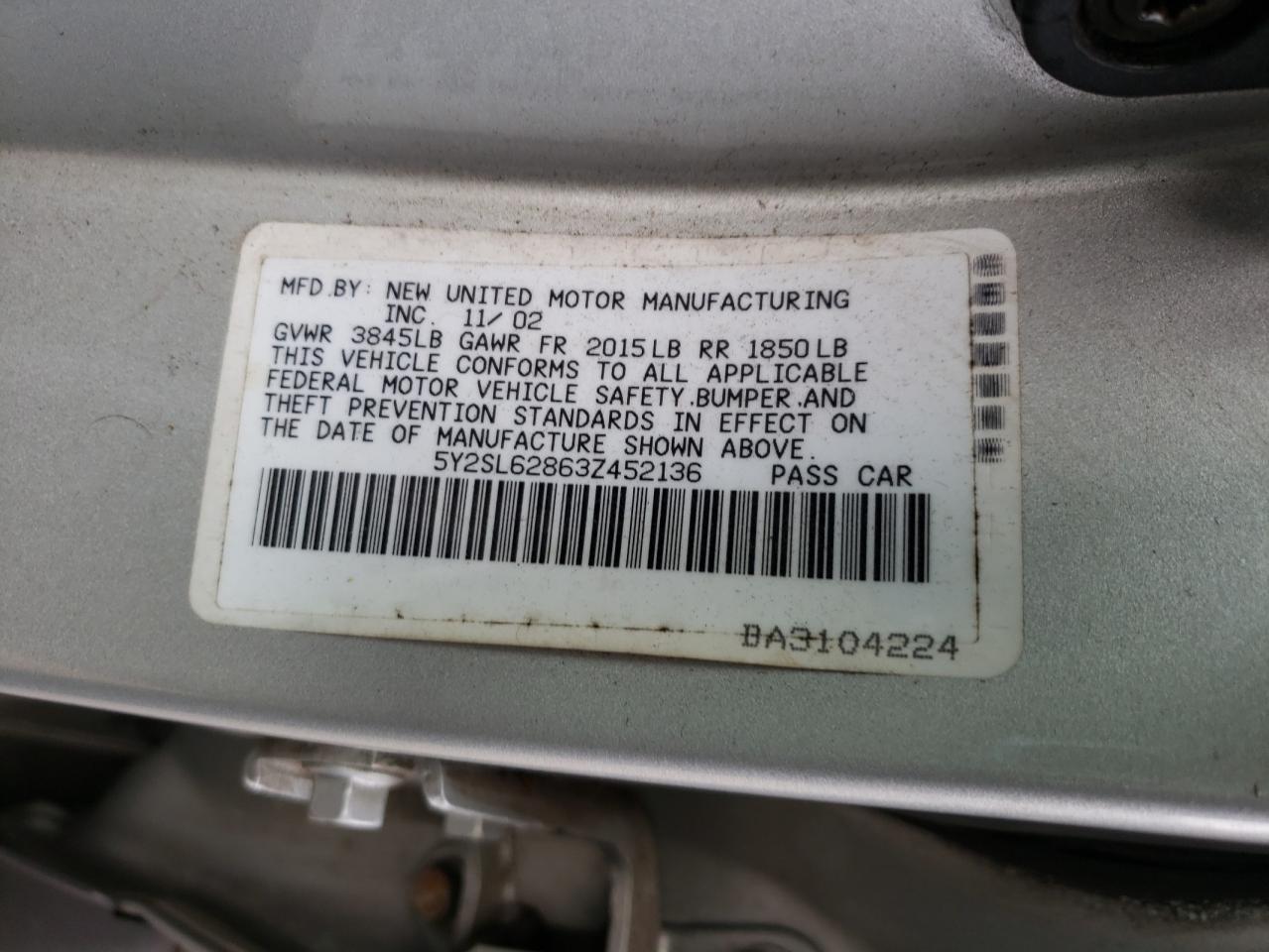 Photo 10 from auction – 2003 PONTIAC VIBE with VIN 5Y2SL62863Z452136