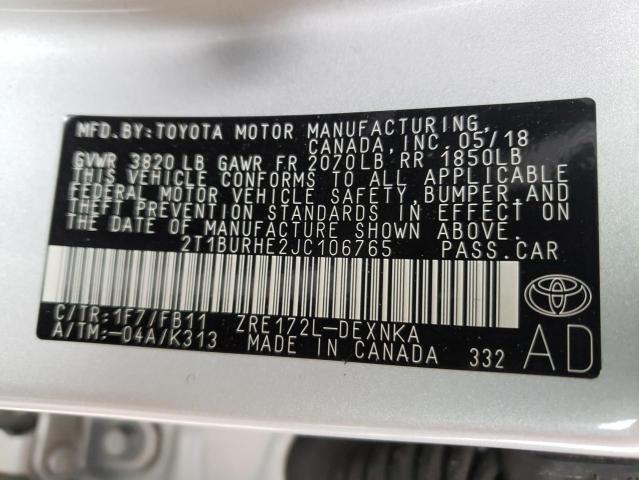 Photo 10 from auction – 2018 TOYOTA COROLLA L with VIN 2T1BURHE2JC106765