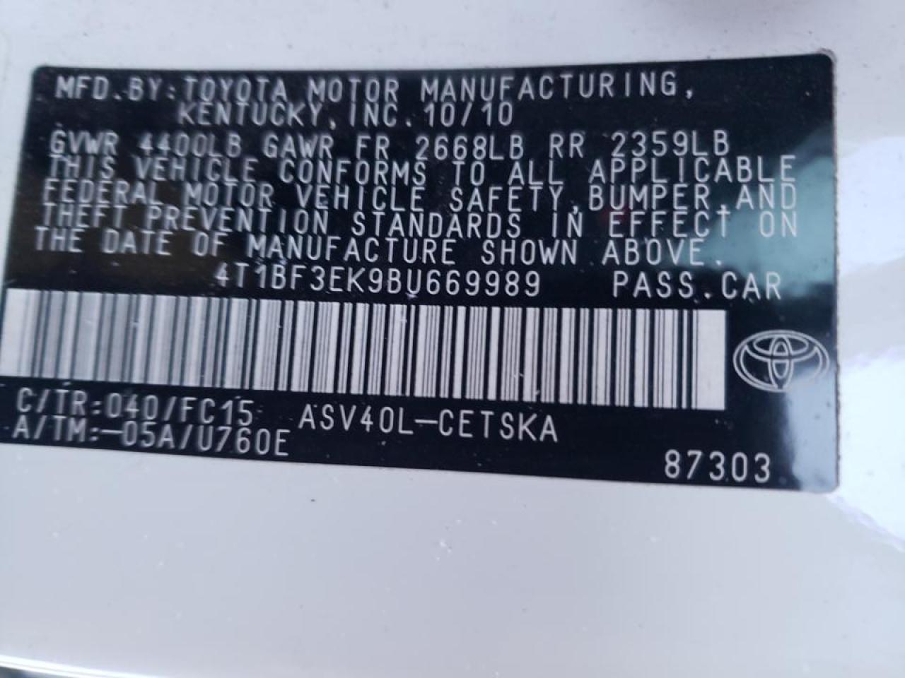 Photo 10 from auction – 2011 TOYOTA CAMRY BASE with VIN 4T1BF3EK9BU669989