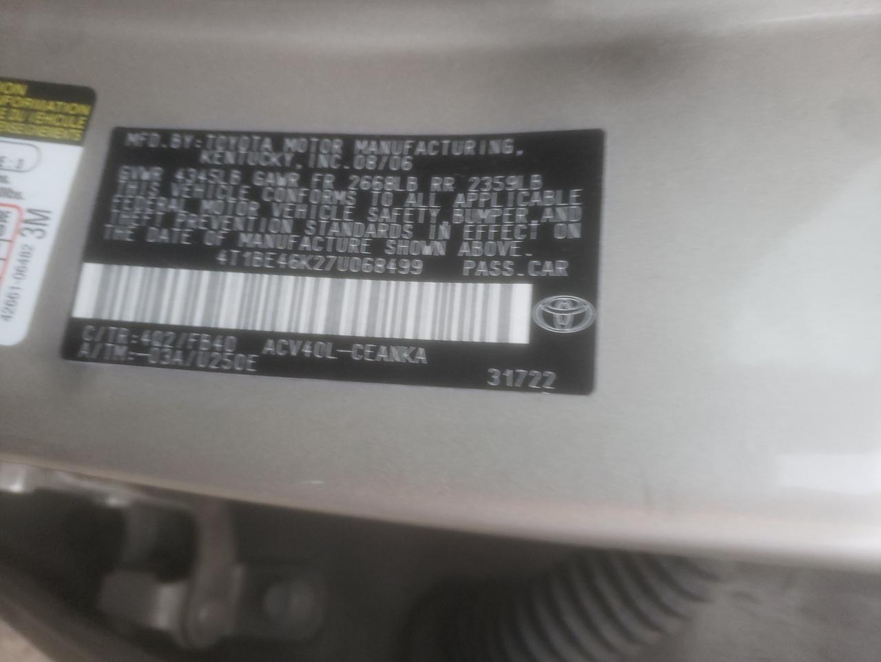 Photo 10 from auction – 2007 TOYOTA CAMRY CE with VIN 4T1BE46K27U068499