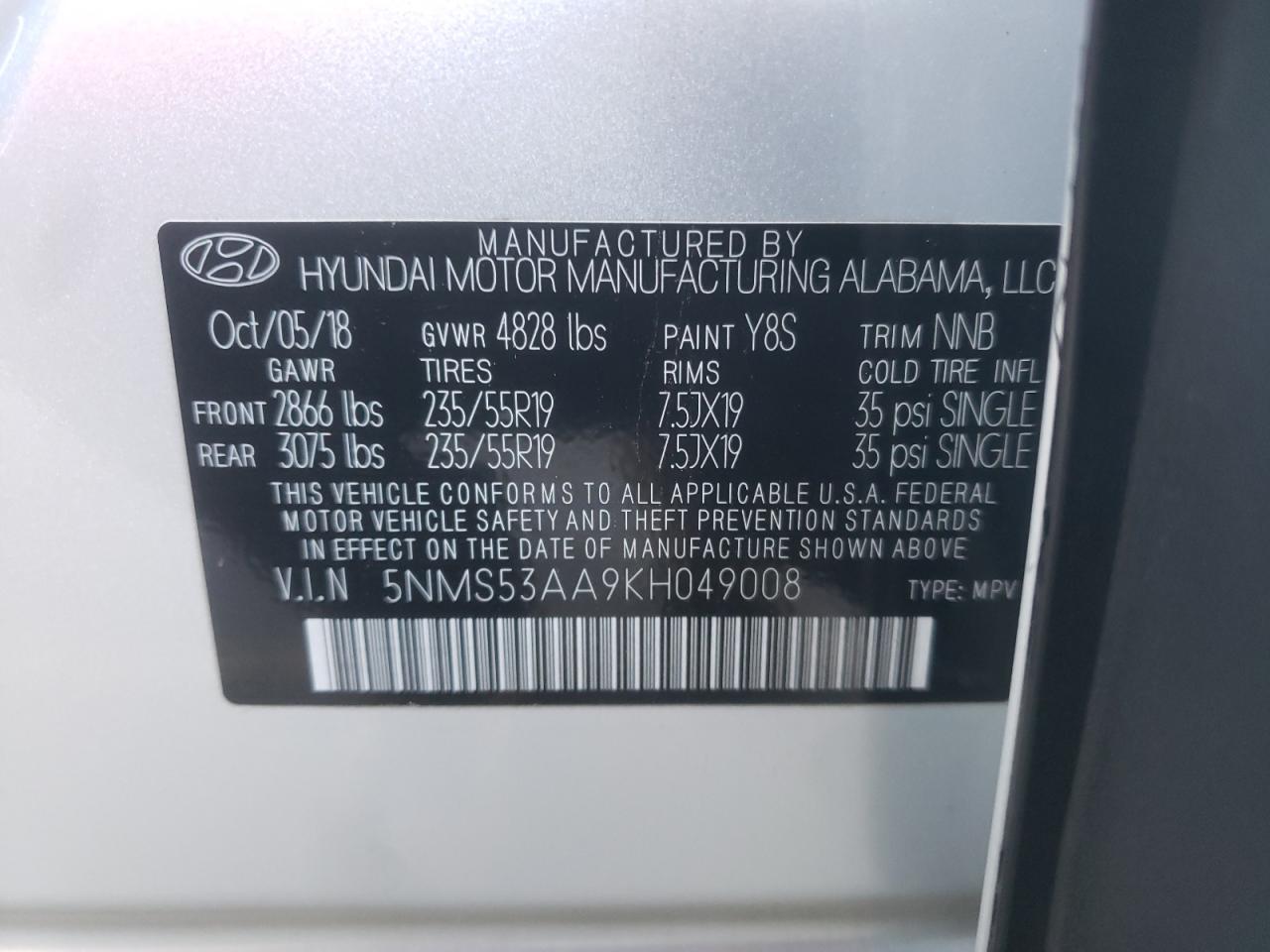 Photo 10 from auction – 2019 HYUNDAI SANTA FE L with VIN 5NMS53AA9KH049008