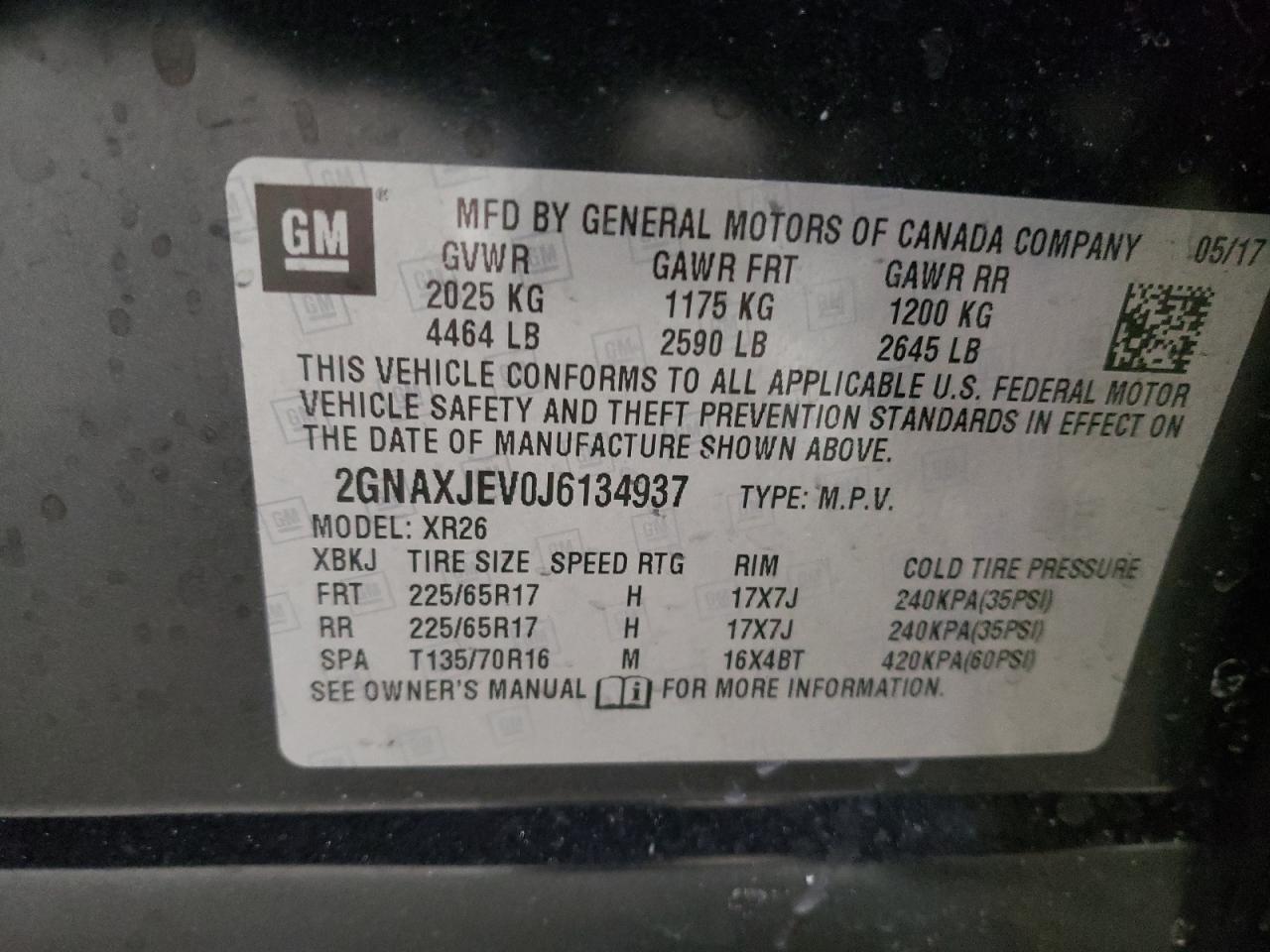 Photo 10 from auction – 2018 CHEVROLET EQUINOX LT with VIN 2GNAXJEV0J6134937