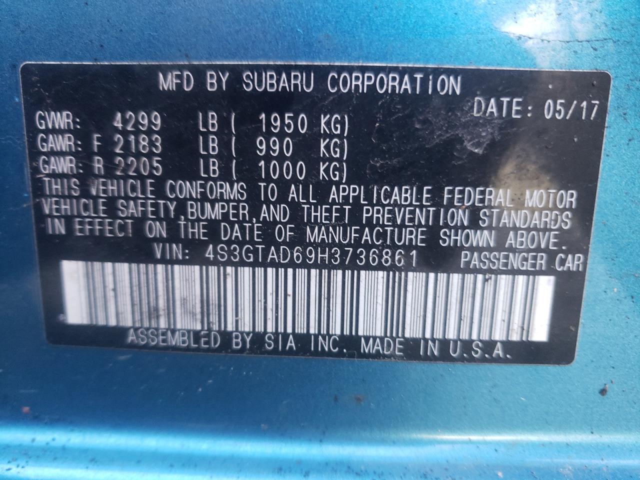 Photo 10 from auction – 2017 SUBARU IMPREZA PR with VIN 4S3GTAD69H3736861