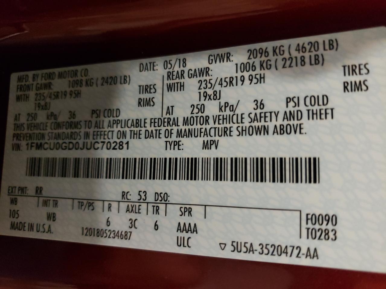 Photo 10 from auction – 2018 FORD ESCAPE SE with VIN 1FMCU0GD0JUC70281