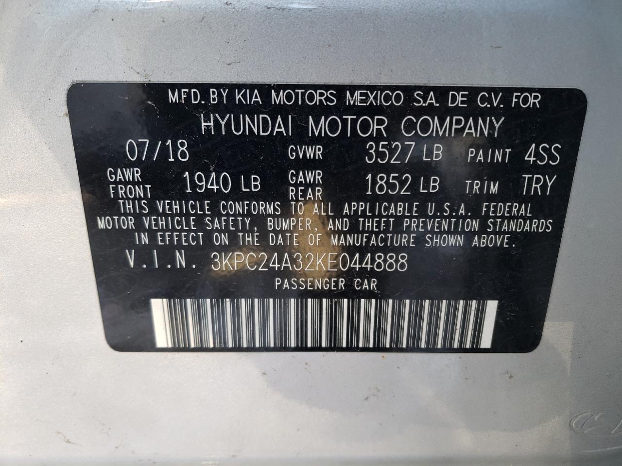 Photo 10 from auction – 2019 HYUNDAI ACCENT SE with VIN 3KPC24A32KE044888